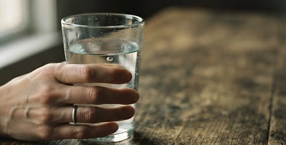 A hand gripping a glass of water at dawn